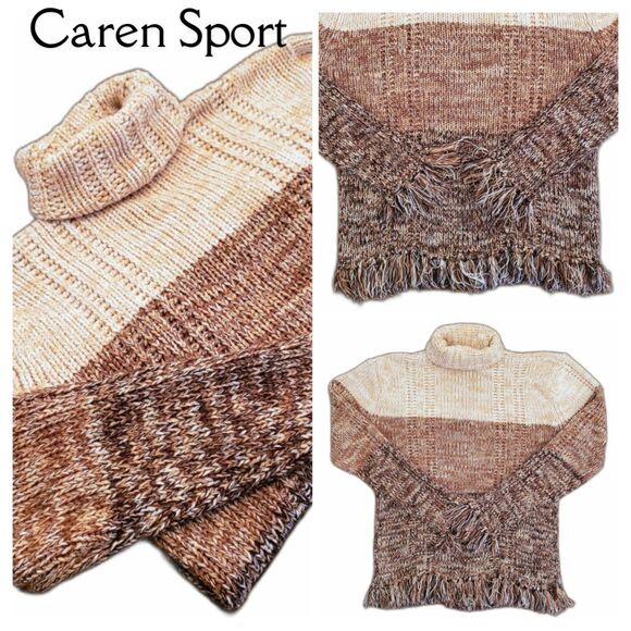 Caren Sport Women Turtle Neck Sweater Fringe Tan & Brown Size 3X - Picture 1 of 8